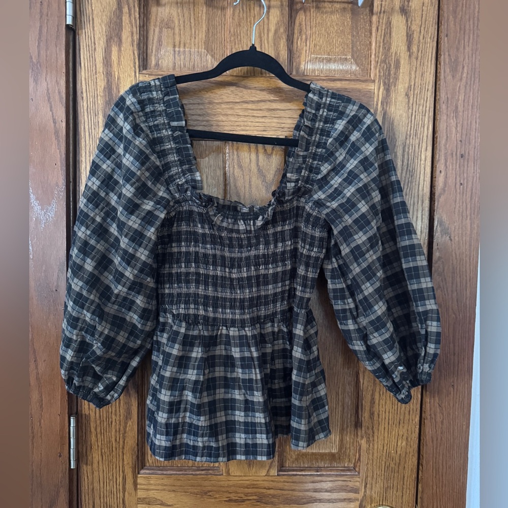 GANNI Checked Seersucker puff-sleeve blouse - Picture 2 of 6
